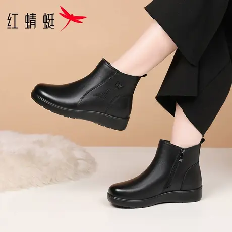 红蜻蜓冬季新款女鞋女士平底靴子女短靴真皮加绒加厚高帮妈妈棉靴图片