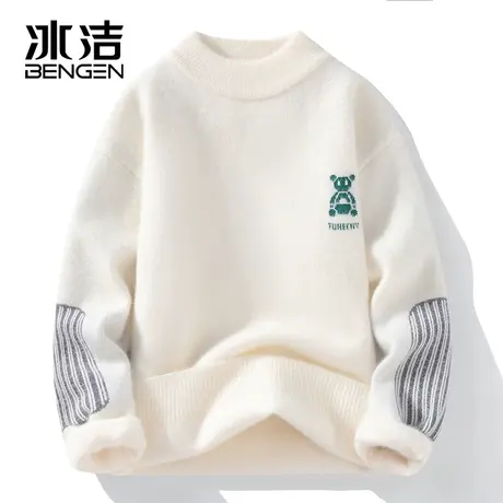 冰洁半高领水貂绒毛衣男秋冬新款慵懒毛线衣加厚提花针织打底衫ZC商品大图