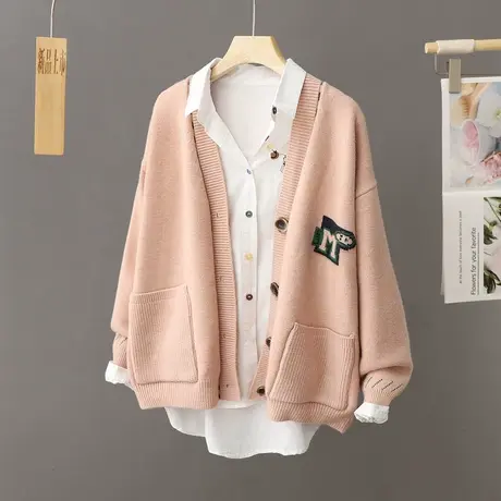 单排扣针织开衫女慵懒风毛衣厚外套女装春秋2023新款秋冬宽松上衣图片