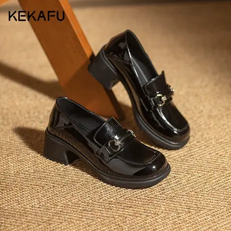 珂卡芙黑色乐福鞋女2023新款秋季粗跟高跟英伦风小皮鞋一脚蹬女鞋图片