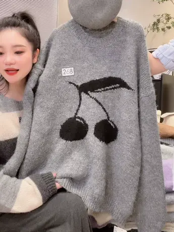 韩版宽松时尚樱桃灰色毛衣女秋冬韩版慵懒风软糯套头针织衫毛衣潮图片