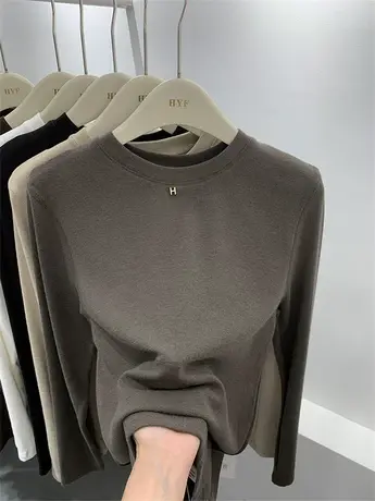 欧货羊绒长袖装饰t恤女2023新款早秋软糯半高领打底小衫上衣弹力商品大图