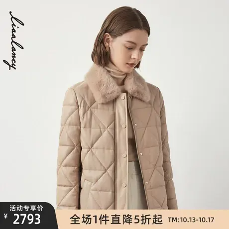 LANCY/朗姿冬季直筒翻领皮衣女格纹简约通勤线下商场同款图片