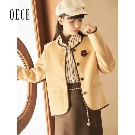 【买1送1】Oece复古短款毛呢外套秋冬新款小个子羊毛双面呢大衣图片