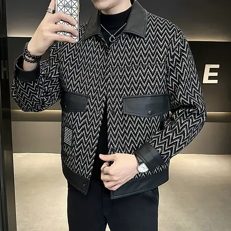 轻熟风拼皮夹克男秋冬休闲防寒机车加绒加厚ins条纹翻领冬装外套图片