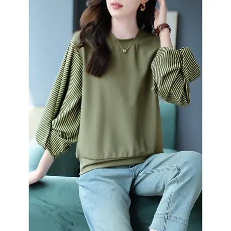 宝诗黎圆领条纹拼接七分袖宽松卫衣2023秋季新款小众休闲T恤上衣商品大图