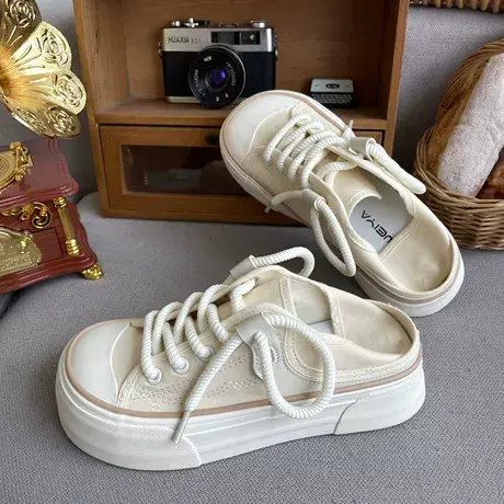 厚底两穿帆布鞋女2023夏季新款小众原创丑萌芒果头学生半拖小白鞋商品大图