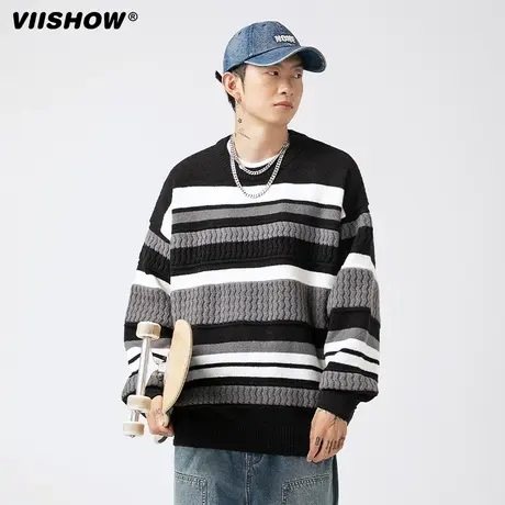 VIISHOW日系复古条纹毛衣男生秋冬季2023新款宽松男慵懒风针织衫商品大图
