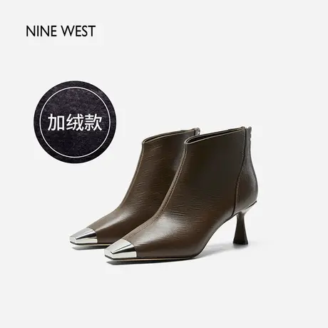 Nine West/玖熙金属小方头深口踝靴2023秋冬新款加绒高跟细跟短靴图片