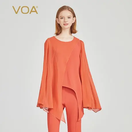 VOA60姆米重磅长空桑蚕丝圆领不对称长袖随性设计真丝原创上衣图片