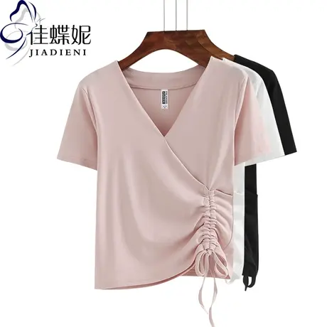 夏季韩版V领修身短袖上衣体恤抽绳纯棉女装T恤牛油果绿色网红高腰商品大图