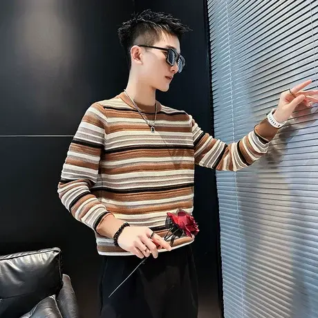 个性撞色条纹针织衫男秋冬新款ins休闲韩版修身打底毛线衣体恤商品大图