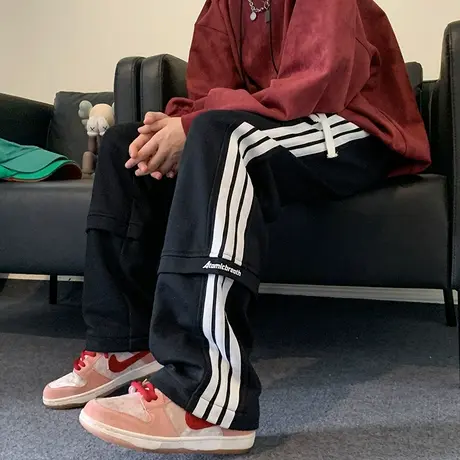 秋冬季新款侧边三条杠休闲运动裤子男ins潮宽松直筒阔腿垂感长裤商品大图