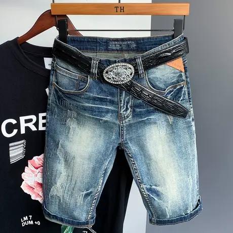 夏季款男士牛仔短裤新款五分休闲牛仔裤子男宽松直筒马裤中裤潮破商品大图