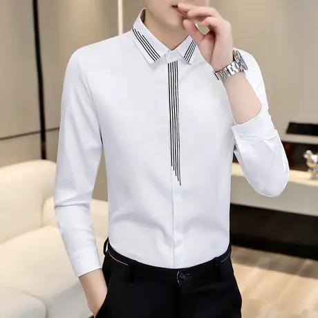 秋季长袖衬衫男士潮流百搭休闲白寸衫发型师韩版帅气免烫工装衬衣商品大图