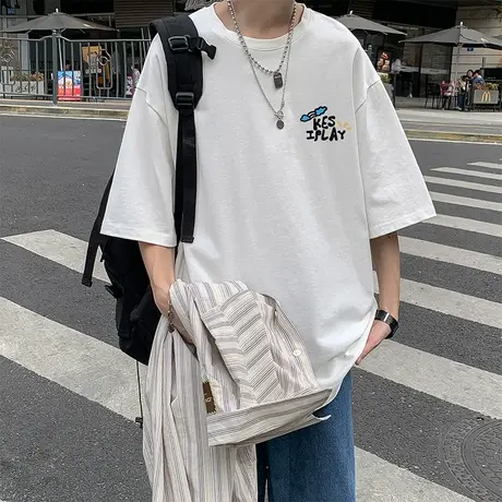 纯棉短袖t恤男夏季休闲宽松五分半袖男潮ins卡通印花港风中袖体恤商品大图