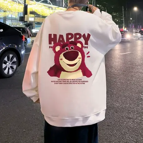 加绒草莓熊圆领卫衣男春秋季加厚长袖宽松打底衫男生潮牌无帽外套图片