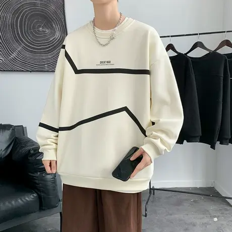 圆领卫衣男春秋季新款港风宽松套头长袖体恤男士潮牌设计感打底衫商品大图