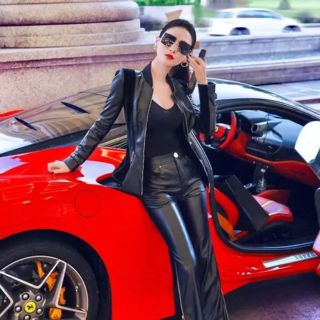 VJE秋冬女士洋气简约OL撞色拼接皮衣新款时尚英伦风小外套商品大图