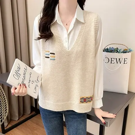 时尚提花针织马甲女春秋2023年新款外搭宽松显瘦毛线坎肩背心上衣商品大图