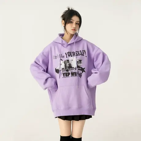 小猫印花紫色卫衣女春秋ins韩系慵懒风连帽小众设计感外套炸街商品大图