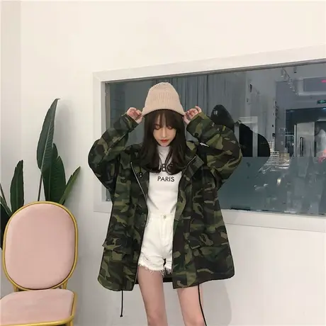 迷彩外套女春秋季韩版学生bf街头宽松2021新款休闲开衫连帽卫衣潮图片