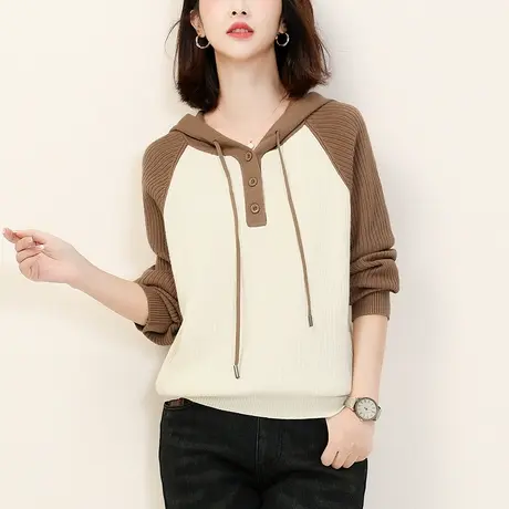 韩潮袭人连帽撞色慵懒风毛衣女士冬季新款宽松套头针织衫上衣图片