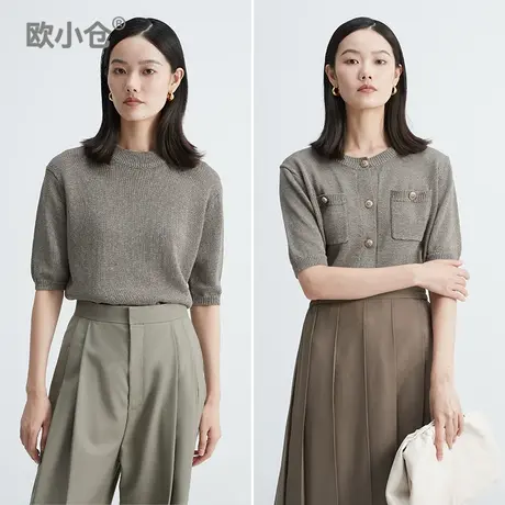 OXC/欧小仓春夏小香风圆领针织衫女五分袖打底衫百搭毛衣套头罩衫图片