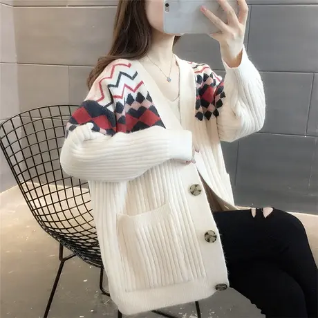 2023秋季新款韩版拼色口袋外搭针织开衫女中长款宽松显瘦毛衣外套图片