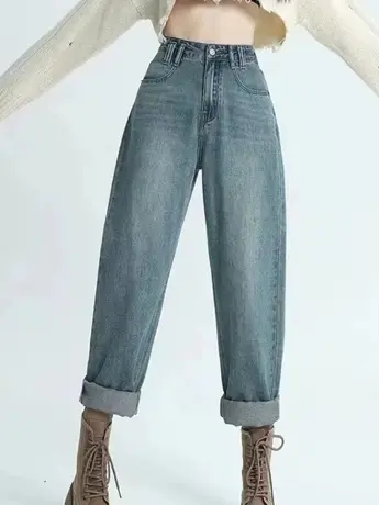 桔子甜了2023春装新款韩版高腰显瘦浅色时尚哈伦裤微弹牛仔裤女裤图片