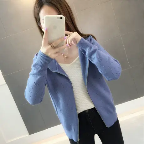 春秋装新款小清新连帽拉链针织衫开衫女韩版短款上衣宽松毛衣外套商品大图