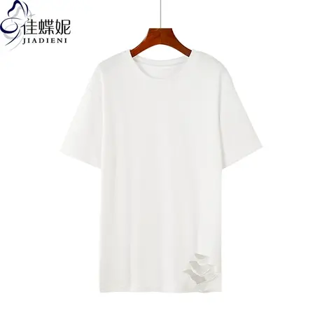 早春夏简约宽松T恤纯色纯白女中长款破洞时尚休闲打底衫内搭大码商品大图