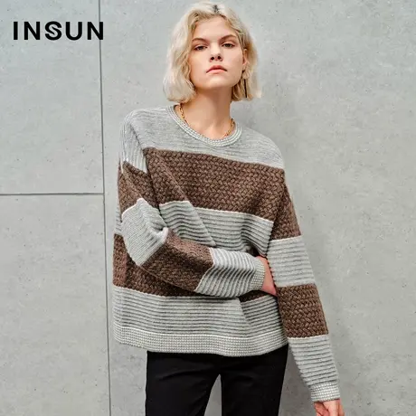 INSUN恩裳线上专选秋季金丝小珠片撞色圆领针织衫图片