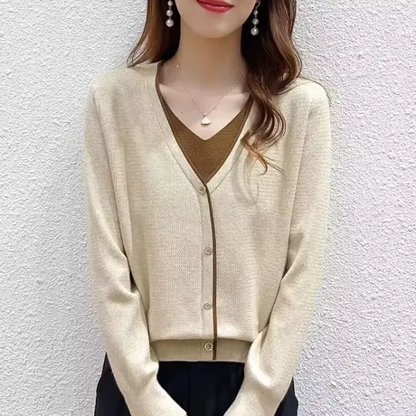 春秋季新款假两件拼色针织衫毛衣女2024新款女士洋气时尚外套外穿商品大图