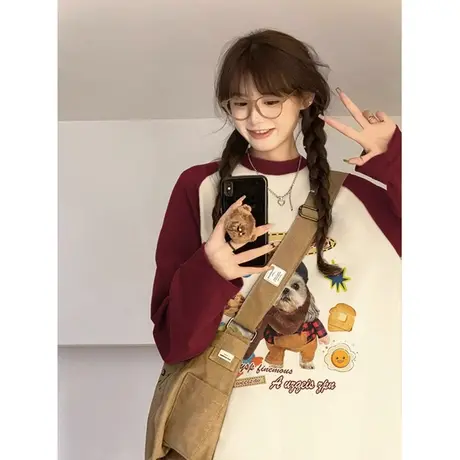 插肩袖长袖小众美式t恤女拼接撞色设计感宽松显瘦秋冬新款上衣潮商品大图