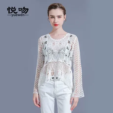 钩花镂空套头罩衫女短款外套2024春夏新款宽松复古长袖蕾丝衫上衣图片