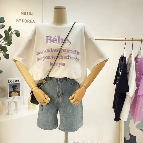 ins简约风字母T恤2021夏季新款韩国东大门重工刺绣设计感短袖宽松商品大图