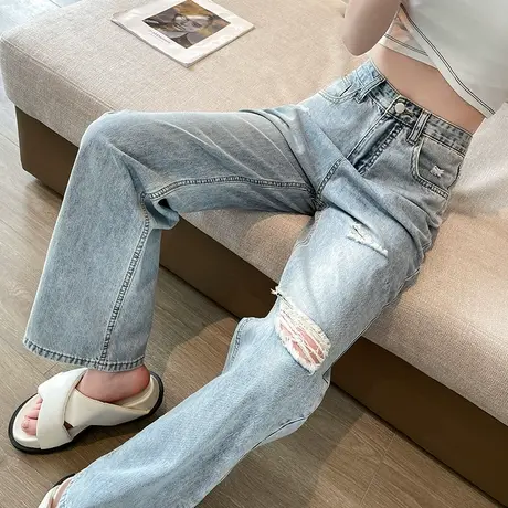 破洞窄版阔腿牛仔裤女春秋2023年新款加长直筒乞丐宽松小个子裤子商品大图