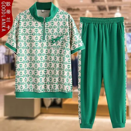 中年妈妈夏装短袖t恤两件套洋气上衣大码中老年女装时尚运动套装商品大图