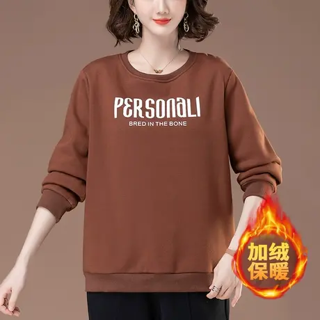 妈妈圆领卫衣女秋冬宽松加肥加大码女装中年洋气休闲加绒加厚上衣商品大图