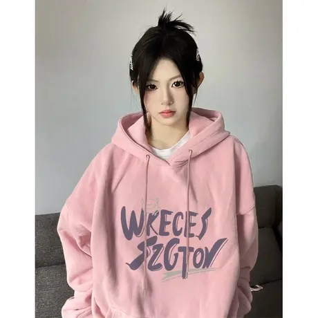 美式复古oversize卫衣女2023春秋薄款宽松设计感小众上衣连帽外套商品大图