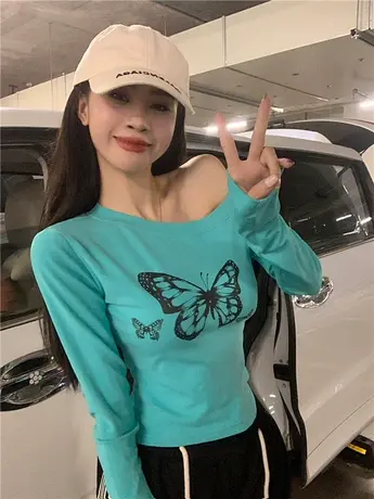 辣妹一字肩长袖T恤女春秋2024新款小个子高腰修身短款上衣打底衫商品大图