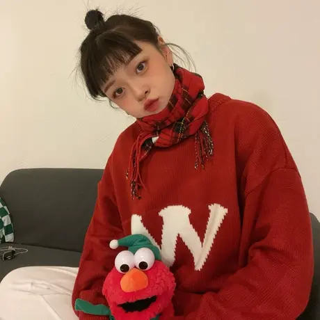 红续2023早春新年款红色慵懒风宽松bf针织衫毛衣女上衣外套情侣装图片