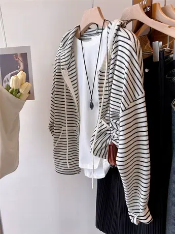 简单又好穿的连帽衫软糯亲肤双拉链宽松休闲叠穿条纹羊绒衫外套女商品大图