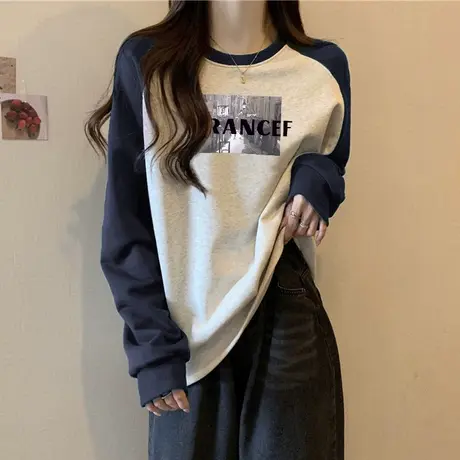 复古美式插肩袖T恤女内搭外穿秋冬装长袖上衣宽松加绒加厚打底衫图片