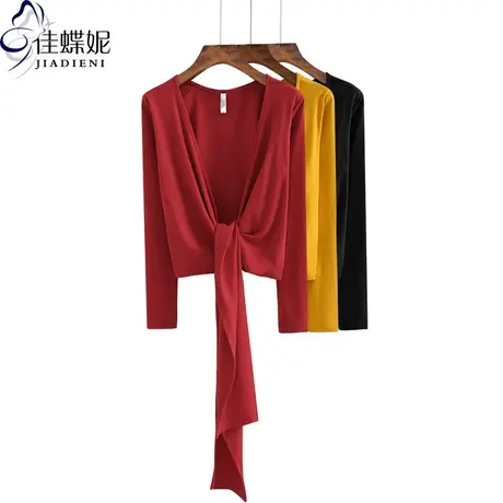 长袖T恤女秋季新款简约短款纯棉外搭女纯色前后两穿上衣防晒衫商品大图