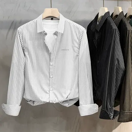 轻商务条纹衬衫男长袖春秋免烫职业正装衬衣男士休闲寸衫夏季薄款商品大图