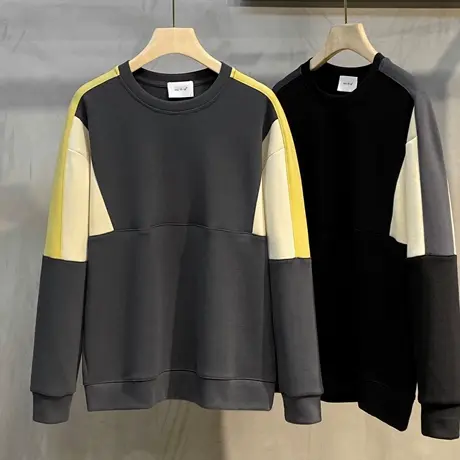 2023春秋季新款男士休闲卫衣潮流拼接圆领套头上衣ins外穿T恤外套商品大图