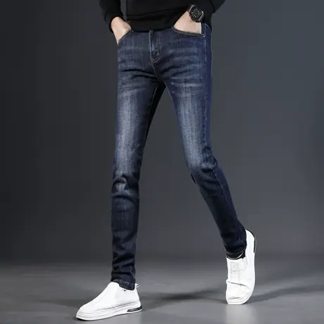 香港高端牛仔裤男款修身小脚秋冬2023新款弹力潮流男士裤子蓝深色图片