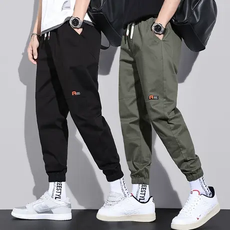 夏季薄款2023年新款潮纯棉工装休闲裤男士夏天宽松紧腰束脚男裤子图片